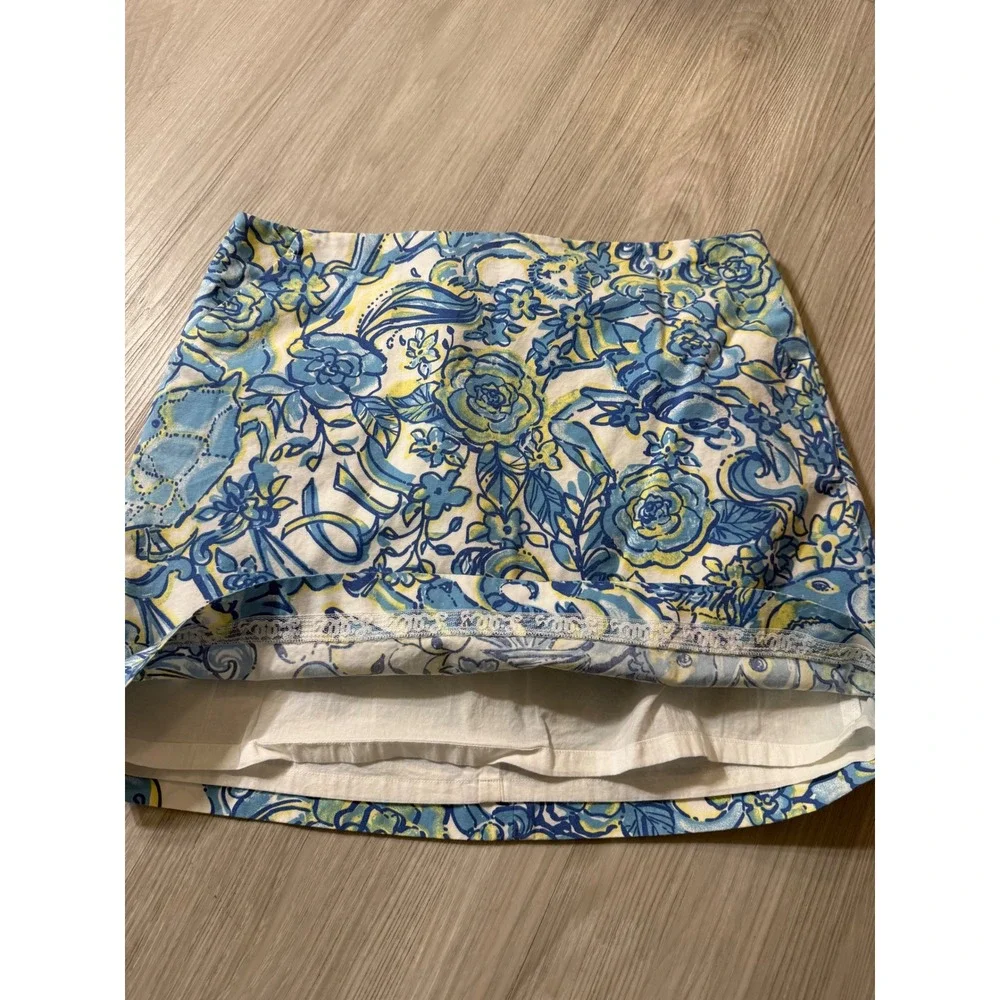 Lilly Pulitzer Blue Yellow Floral Zodiac Print Mini Skirt Pockets Size 8